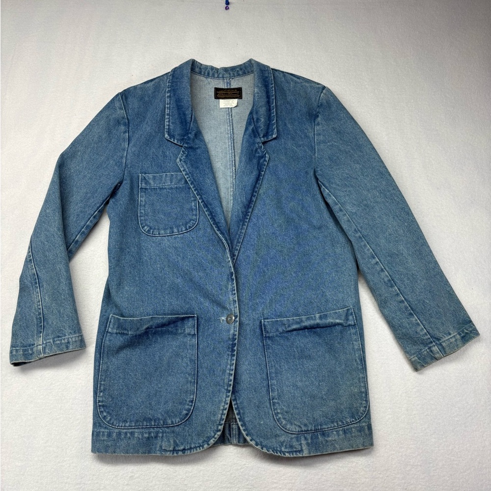 VTG Eddie Bauer WM M Jean Jacket Blue Dark Wash 3 Pockets Notched Lapel 1 Button